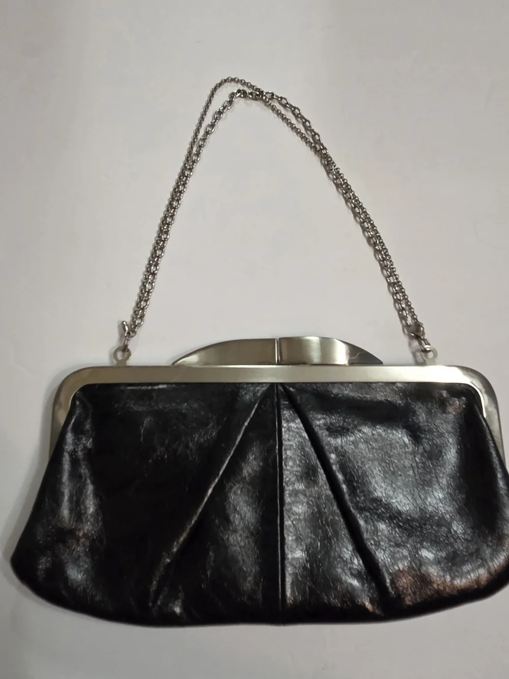 HOBO Black Leather Frame Clutch with Silver-Tone Chain